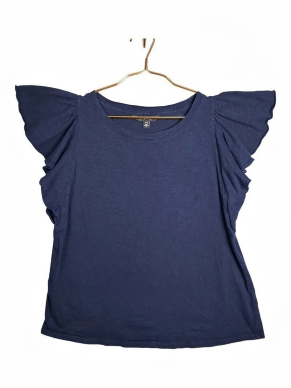 Lauren Ralph Lauren Top L Large Navy Blue Ruffle Flutter Sleeve Slub Knit Tee